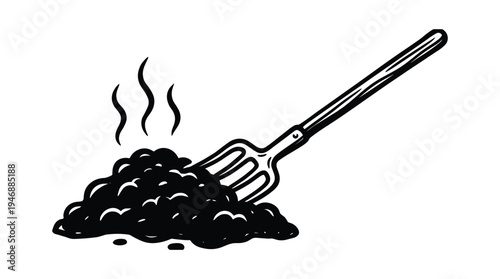 Farm fork with fresh organic compost pile steaming from heat