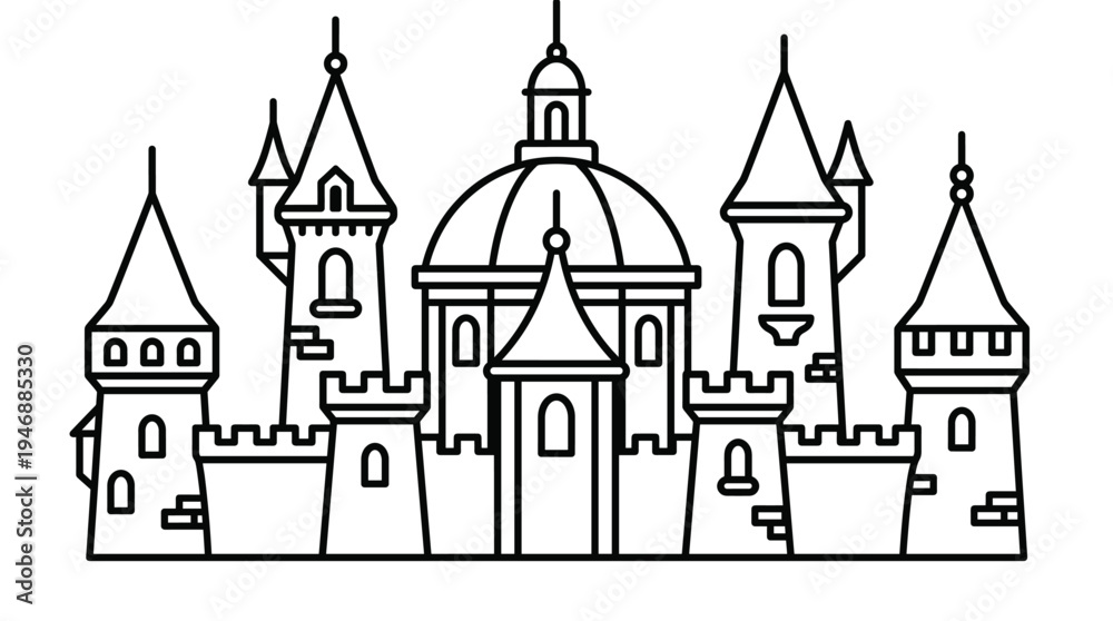 Obraz premium A simple black and white line art illustration of a fantasy castle. This minimalist vector icon is perfect for logos, fairytale themes, coloring books, and magical designs.