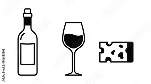 A simple icon set with a wine bottle, glass, and cheese. Minimalist vector graphic for restaurant menus, bar logos, food blogs, or beverage and appetizer concepts. Gastronomy.