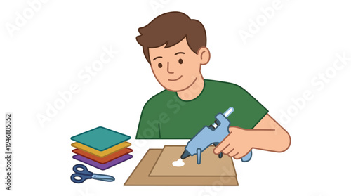 A charming illustration of a boy focused on a DIY project. He is using a hot glue gun for his creative craft, perfect for educational or hobby-related content.