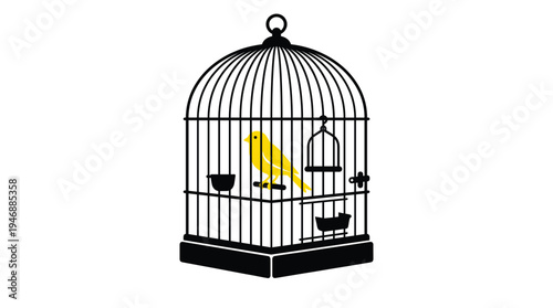 A yellow canary sits inside a black birdcage. A minimalist vector illustration representing concepts of captivity, pets, freedom, and confinement. Simple graphic for various uses.