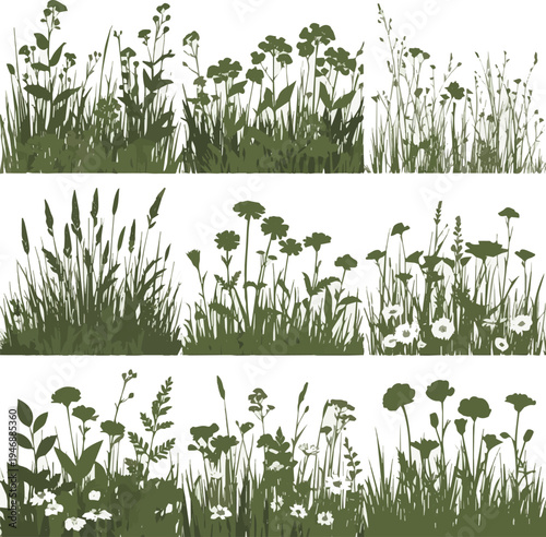 Generated on Collection of eight different green grass and wildflower borders silhouettes isolated on white background