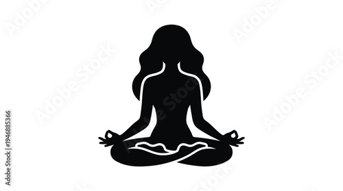 Black silhouette icon of a woman in lotus yoga pose for meditation. A minimal vector graphic for wellness, mindfulness, and spirituality. Represents calm and balance.