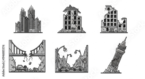 Illustrations of buildings and bridges destroyed by a disaster.