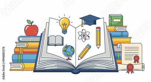 An open book surrounded by stacked books, an apple, graduation cap and various educational icons on a desk indoors