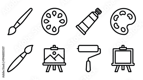 Set of black line icons for art and painting. Includes brush, palette, paint tube, and easel. For creative projects, websites, or app UI design. Vector illustration.