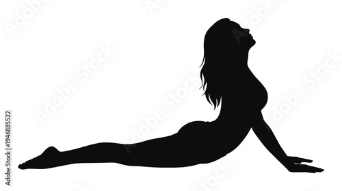 Black silhouette vector of a woman performing the upward-facing dog yoga pose. Represents flexibility, wellness, and exercise, ideal for health and fitness designs.