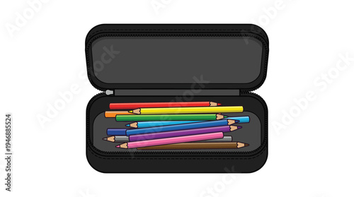 Colorful pencils neatly arranged in an open black pencil case, a cheerful vector illustration for school, art, creativity, and educational projects. Perfect for learning materials.