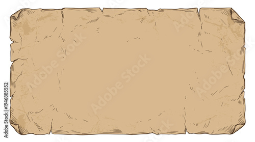 A blank, textured, vintage vector parchment scroll with torn edges, perfect for rustic backgrounds, antique designs, text overlays, and historical themed projects.