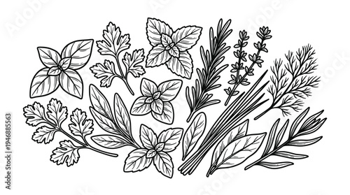 A detailed hand-drawn vector illustration showcasing a variety of fresh culinary herbs like basil, rosemary, and parsley. Perfect for organic food branding, menus, recipes, and healthy lifestyle