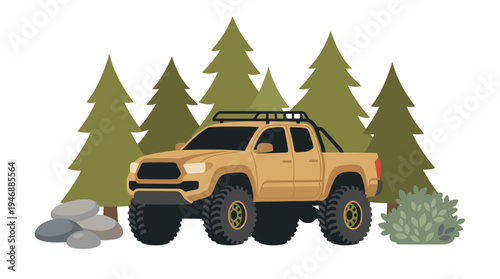 Beige off-road pickup truck vector illustration with pine trees, rocks, and a bush. Represents adventure, travel, and rugged outdoor exploration. Ideal for web, apps, print media.