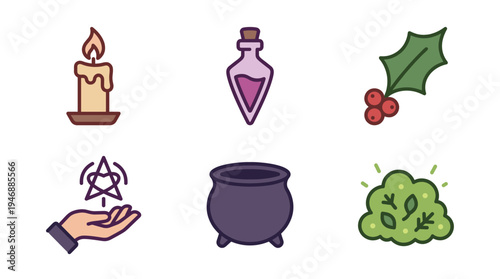 A charming vector collection of magic and nature symbols. Perfect for web design, apps, illustrations, and spiritual content, featuring mystical elements in a cute doodle style.