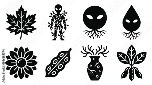 Vector black glyph icons set: organic, nature, alien, abstract elements. Perfect for contemporary graphic design, web, app, infographics, and branding.