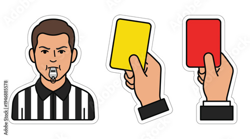 Vector icon set of a soccer referee with a whistle, and hands showing yellow and red cards. Symbolizes rules, fouls, warnings, and penalties in sports or business concepts.