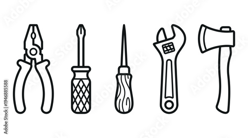A set of essential hand tool icons for repair and construction projects. Features pliers, screwdrivers, wrench, and axe in a minimalist outline style for DIY or workshop themes.