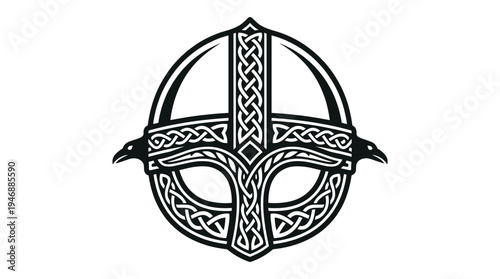 A stylized black and white vector illustration of a Viking helmet. Features intricate Celtic knotwork and raven heads, symbolizing strength and mythology. Ideal for logos or emblems.