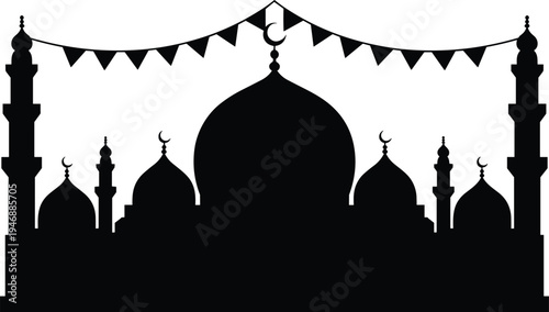 Islamic mosque silhouette with crescent moons and festive bunting decoration, symbolic Ramadan and Eid celebration background, black skyline illustration isolated on light background