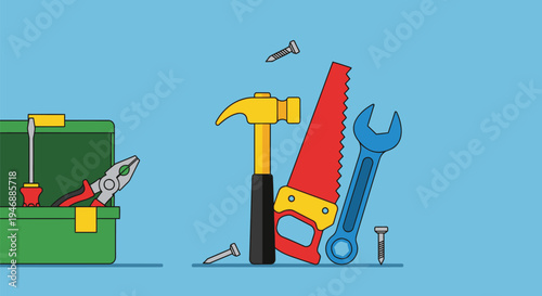 A set of colorful tools and equipment arranged on a blue background