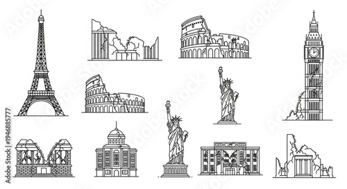 Iconic World Landmarks in Sketch Style - Eiffel Tower, Colosseum, and More.