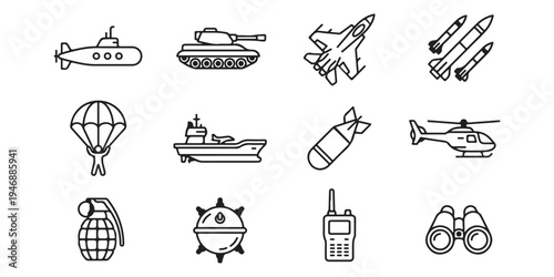 Army and Military Equipment Line Icons Featuring Binoculars Walkie Talkie and Vehicles