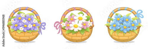 Cute cartoon Baskets with Flowers. Set of three baskets with blue, lilac, white and pinkflowers on white background.