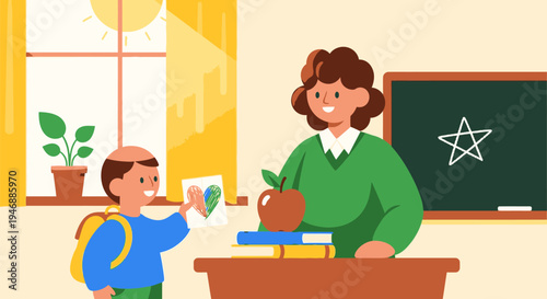 A young student hands a drawing to his teacher at a desk near a window in a classroom