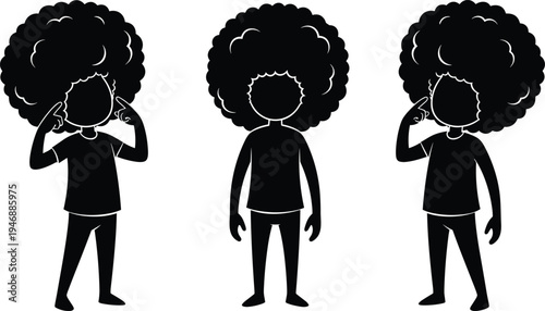 Cartoon faceless figures silhouette, curly hair characters, expressive gesture poses, thought contemplation neutral stance, flat vector illustration, black creative art design