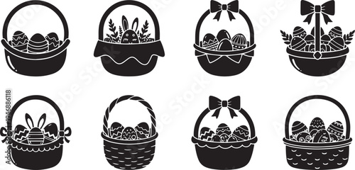 black silhouette Easter baskets are arranged in a 2x3 grid. Each basket contains Easter eggs decorated with various patterns.