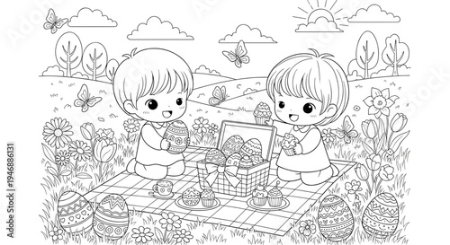 Adorable chibi kids having an Easter picnic on a plaid blanket, decorated eggs and treats in baskets, spring meadow with flowers and butterflies, children's coloring page