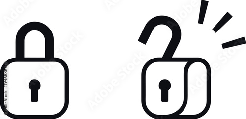 Locked and unlocked padlock icon set representing security, privacy, access control and data protection concept in simple outline vector style for apps and websites