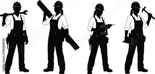 Set of black silhouette female construction workers with tools and hard hats isolated on white background for industrial and labor service design