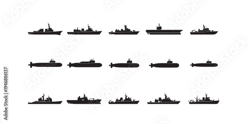 Naval Vessel Silhouettes Set Featuring Aircraft Carrier and Submarines