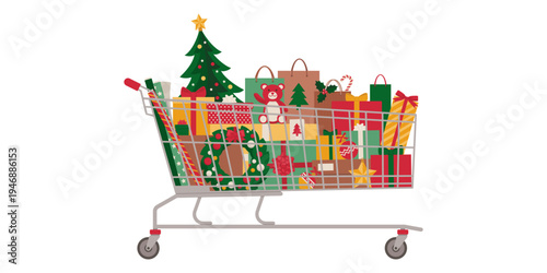 Extra large supermarket shopping cart filled with Christmas gifts and decorations