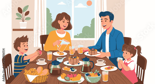 Family enjoying a meal together at home with food and drinks on the table