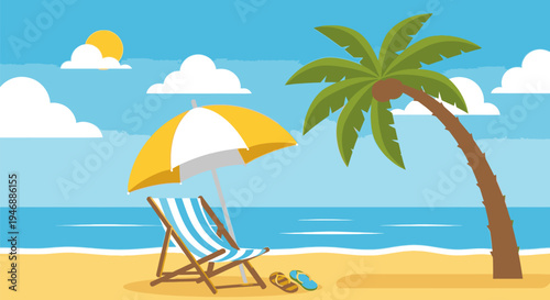 A serene beach scene with a yellow umbrella, blue chair, palm tree, and sunny sky.