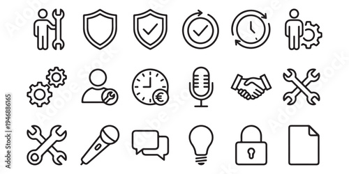 Business and Technical Support Line Icon Set - Customer Service, Security, and Maintenance Symbols
