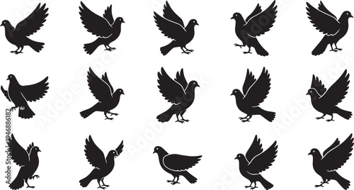 A collection of black silhouette pigeons in various flight poses is displayed against a white background. 