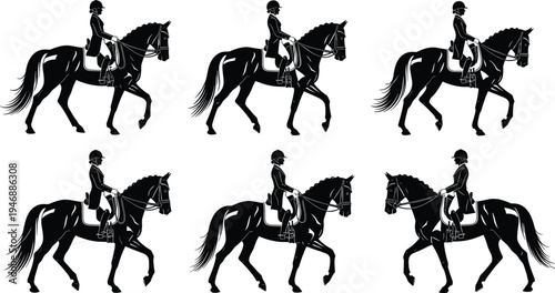 Set of black silhouette horse riders and dressage horses icons isolated on white background for equestrian sports competition and club logos