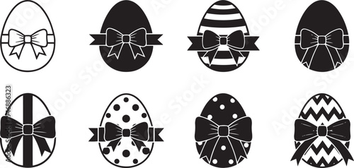A black and white graphic set of Easter eggs. Each egg is decorated with a different pattern and a bow.