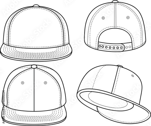 Technical Flat Sketch of Unisex Snapback Baseball Cap with Adjustable Strap and Stitching Details for Headwear Fashion Design Tech Pack Template Vector IllustrationArt & Illustration