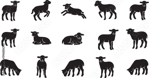 A collection of black silhouette illustrations depicting various sheep poses. The images showcase sheep in different actions such as grazing, resting, jumping, and standing.