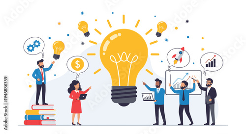 People brainstorming around a large lightbulb with business concepts