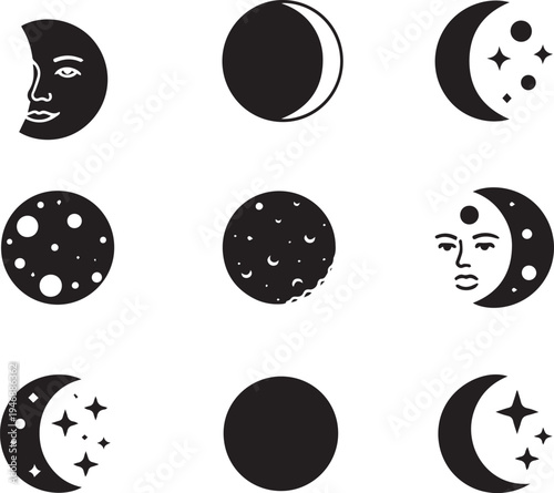 A black and white illustration depicts nine phases of the moon, each with a stylized human face. The moon phases vary in size and shape, showcasing the waxing and waning cycles.