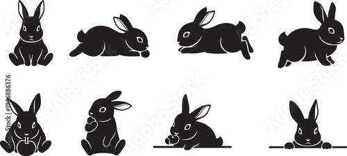 A collection of black silhouette rabbits in various poses. The rabbits are arranged in a grid format, depicting them sitting, hopping, and eating.