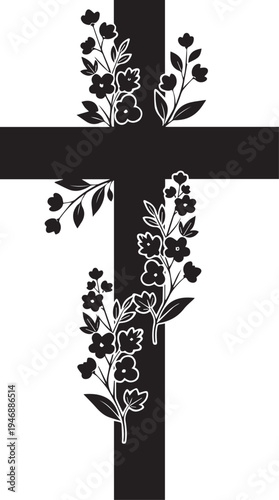 A black cross is centered on a white background. Floral branches with small blue flowers are growing from the crossbar.