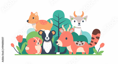 Various animals gather in a forest scene with plants and flowers