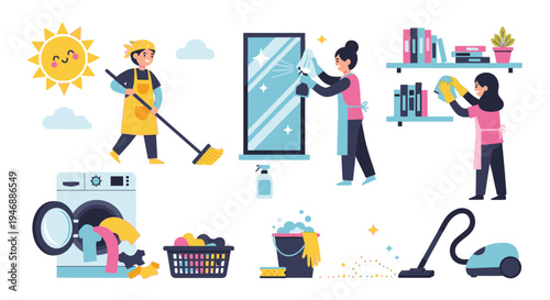 People cleaning house with various tools and appliances indoors daily