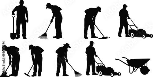 Set of Black Vector Silhouettes Featuring Gardeners Using Lawn Mowers Rakes Shovels and Wheelbarrows for Landscaping and Professional Garden 