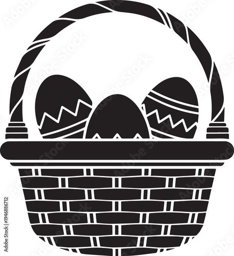 A black and white silhouette depicts a woven basket filled with three decorated Easter eggs. The basket has a dark handle and a simple, rectangular base.