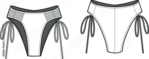 Technical Flat Sketch of Women's High Leg Bikini Bottom with Side Tie Details and V-Front Waistline for Swimwear Fashion Design Tech Pack TemplateArt & Illustration
